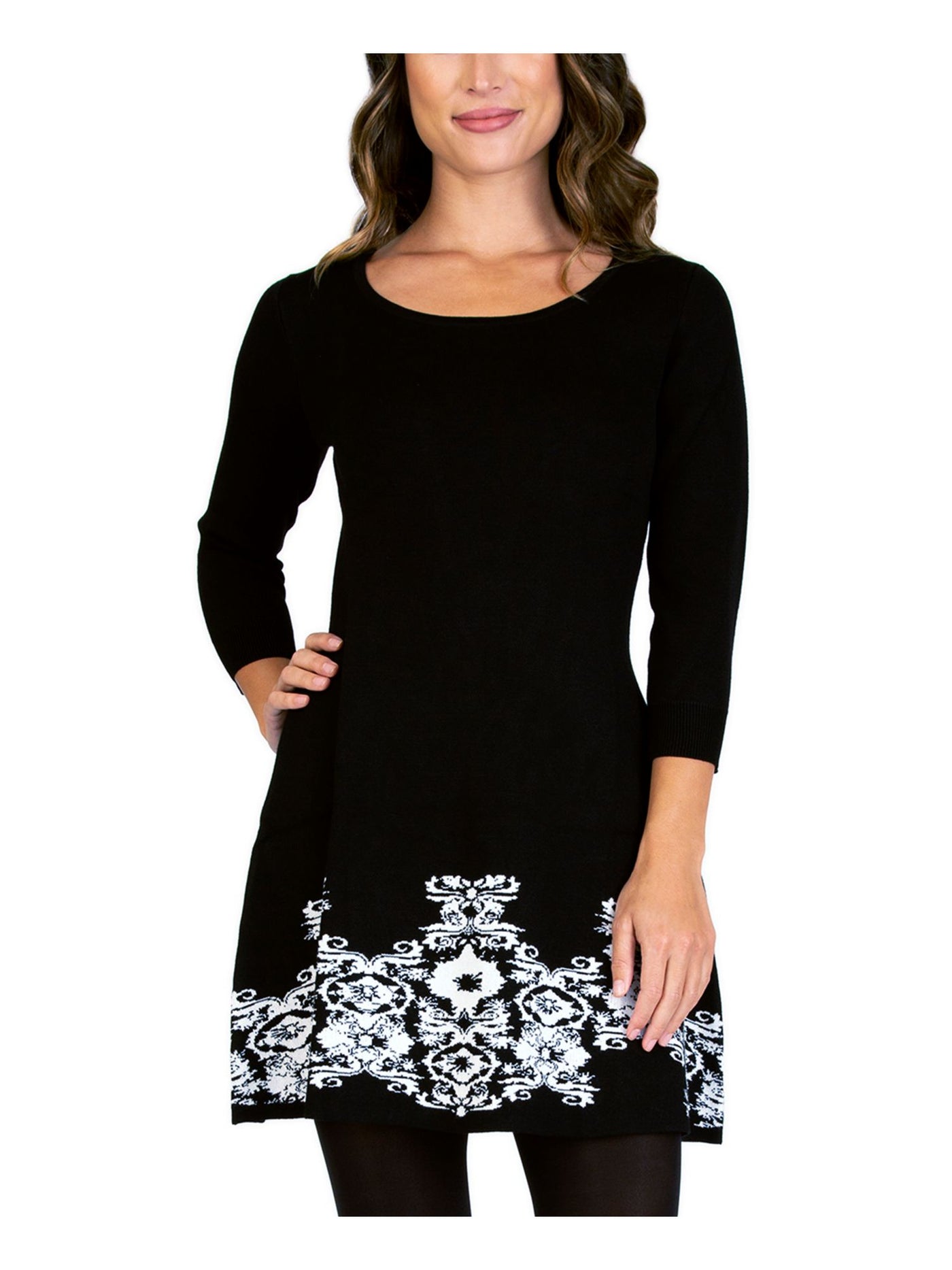 BCX Womens Black Printed 3/4 Sleeve Scoop Neck Short Wear To Work Fit + Flare Dress XS