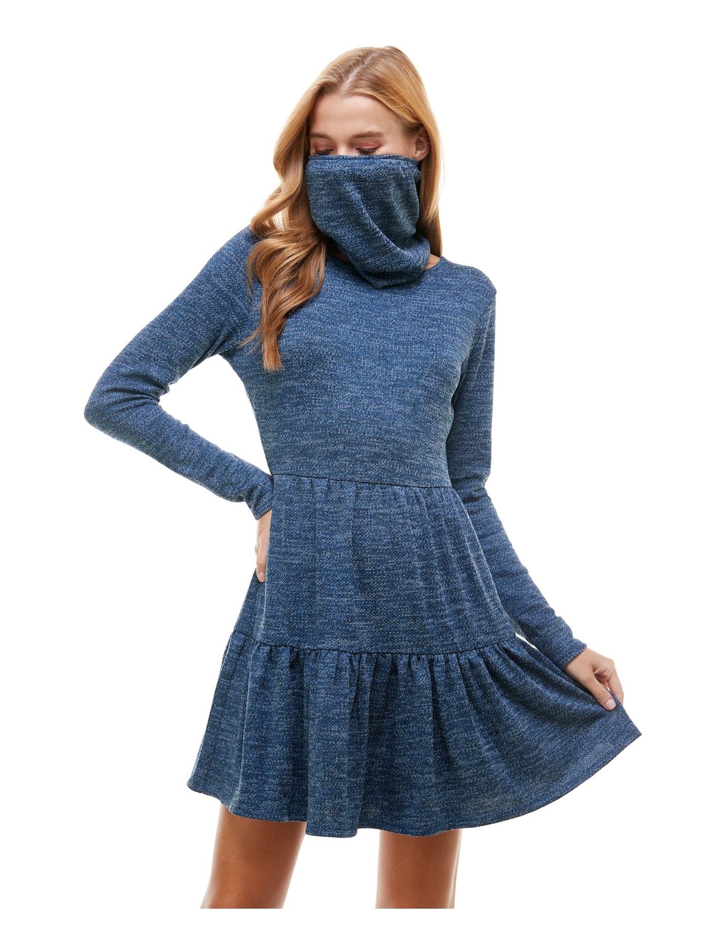 BEBOP Womens Blue Ruffled Tiered Long Sleeve Crew Neck Short Fit + Flare Dress L