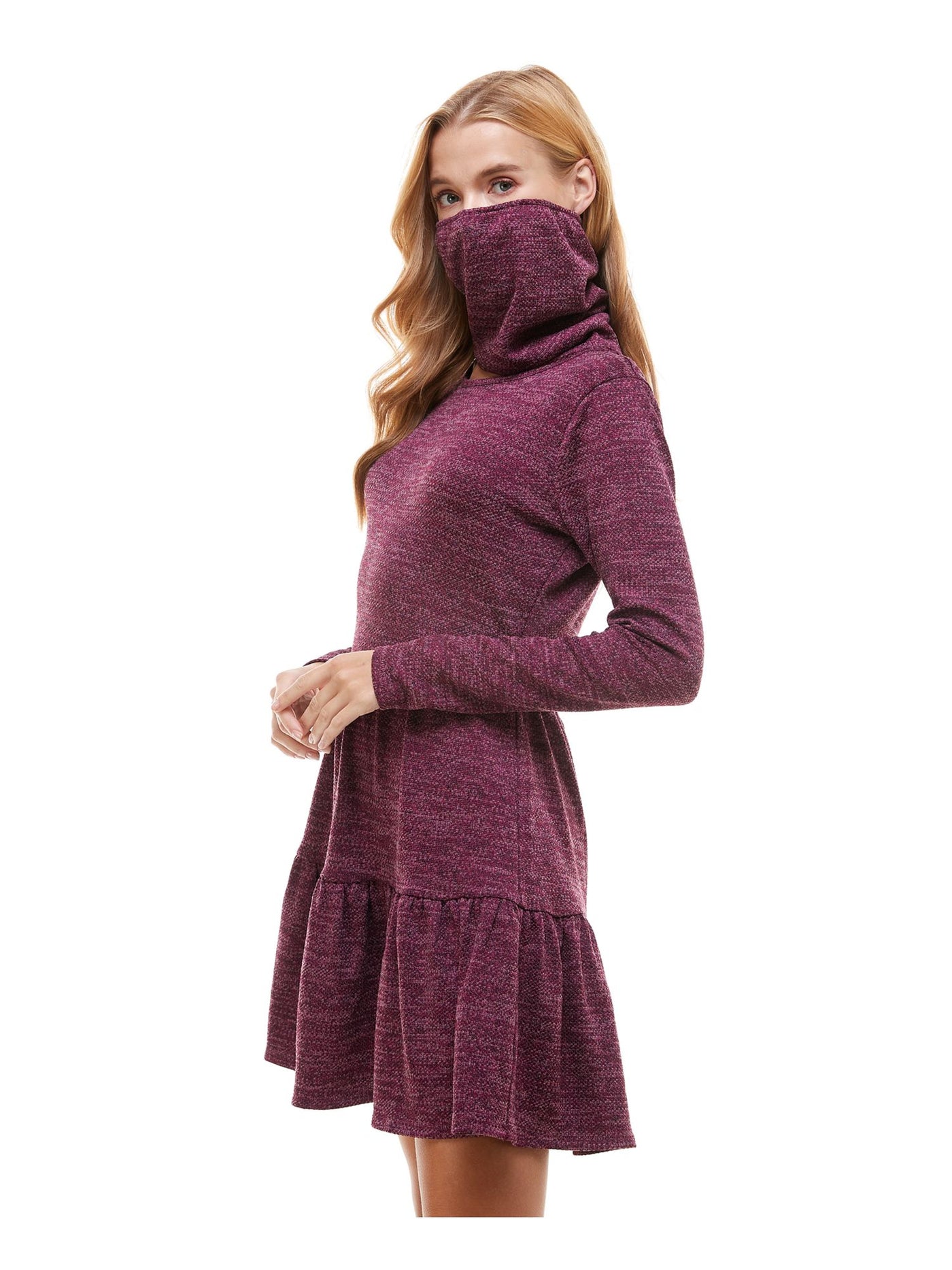 BEBOP Womens Purple Ruffled With Scarf Heather Long Sleeve Crew Neck Short Fit + Flare Dress XXL