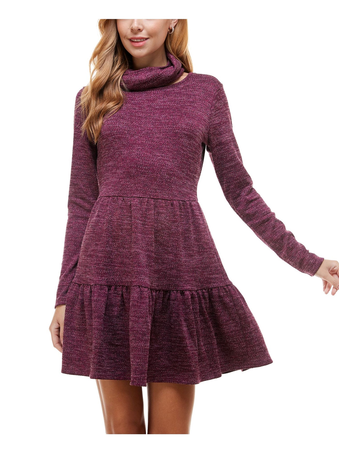 BEBOP Womens Burgundy Ruffled With Scarf Heather Long Sleeve Crew Neck Short Fit + Flare Dress XL