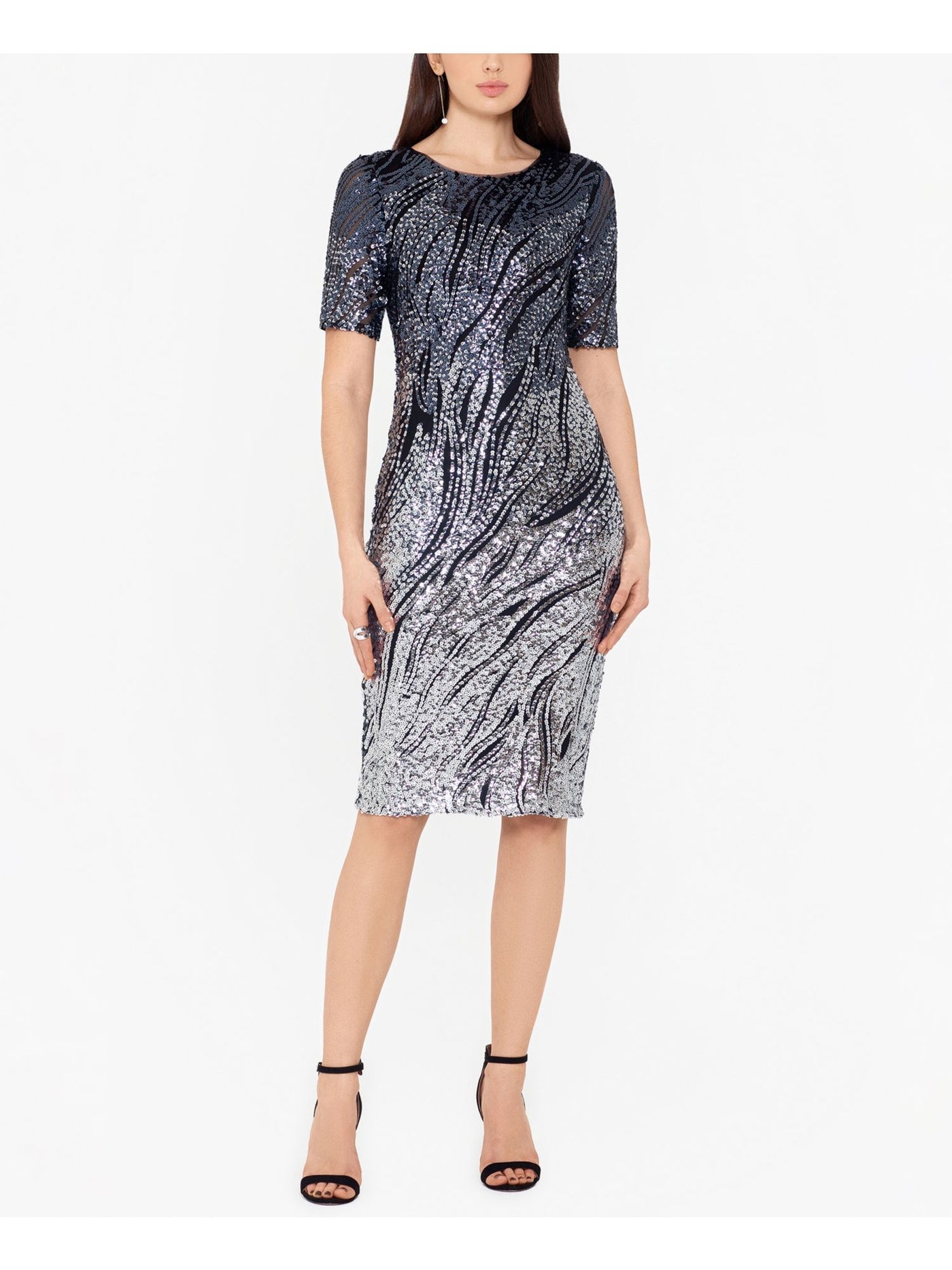 BETSY & ADAM Womens Sequined Zippered Short Sleeve Crew Neck Knee Length Evening Sheath Dress