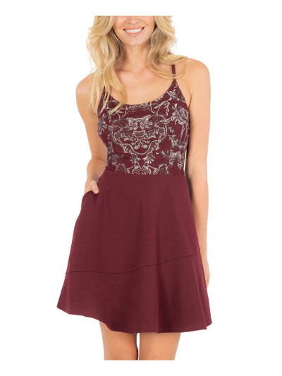 SPEECHLESS Womens Burgundy Embellished Pocketed Spaghetti Strap Scoop Neck Short Party Fit + Flare Dress 0