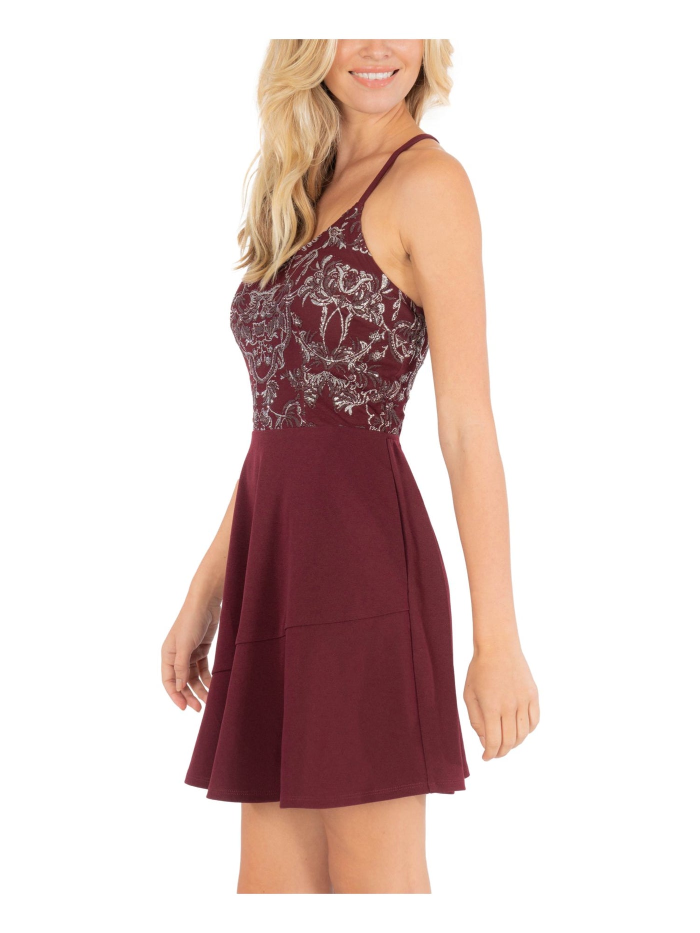 SPEECHLESS Womens Burgundy Embellished Pocketed Spaghetti Strap Scoop Neck Short Party Fit + Flare Dress 7