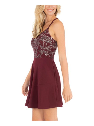 SPEECHLESS Womens Burgundy Embellished Pocketed Spaghetti Strap Scoop Neck Short Party Fit + Flare Dress 7