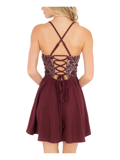 SPEECHLESS Womens Burgundy Embellished Pocketed Spaghetti Strap Scoop Neck Short Party Fit + Flare Dress 0