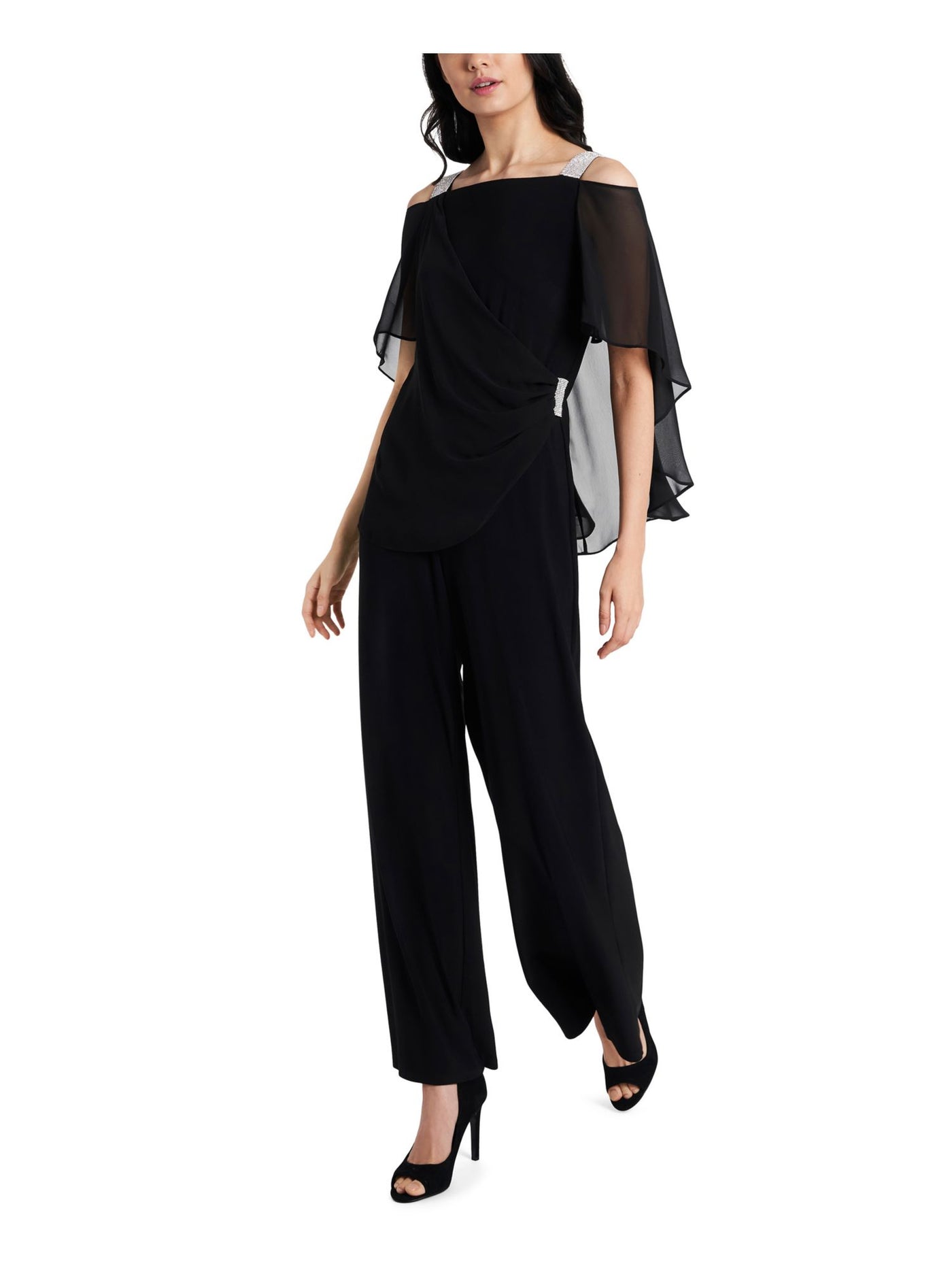 MSK Womens Black Stretch Embellished Cold Shoulder Chiffon Square Neck Evening Wide Leg Jumpsuit M