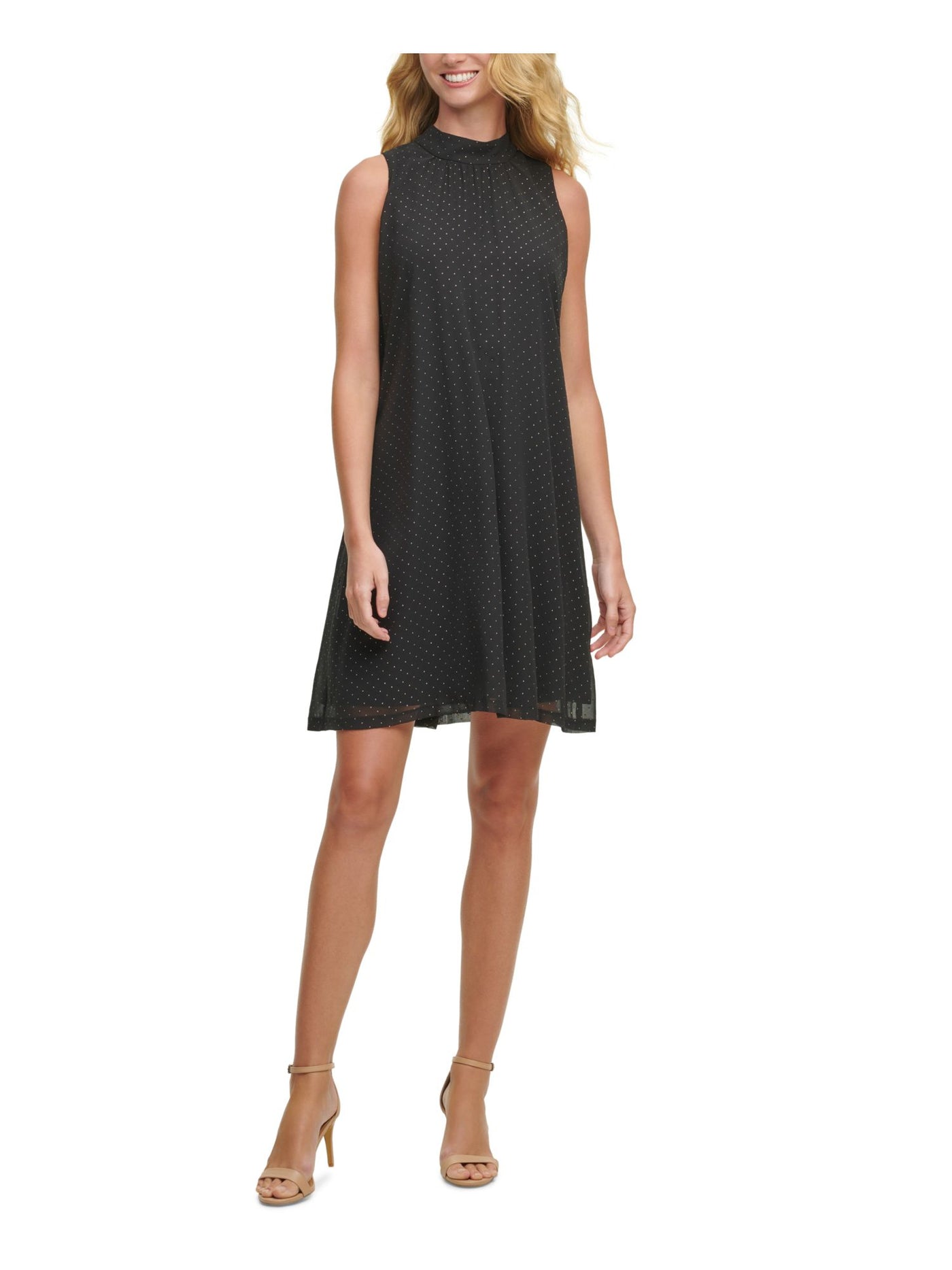 TOMMY HILFIGER Womens Black Embellished Mock Neck Trapeze Sleeveless Short Cocktail Shift Dress 6