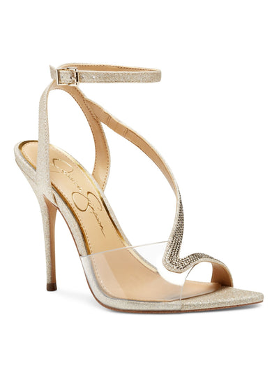 JESSICA SIMPSON Womens Gold Glitter Elastic Gore Embellished Clear Panel Adjustable Strap Asymmetrical Whitley Pointy Toe Stiletto Buckle Dress Sandals 6.5 M