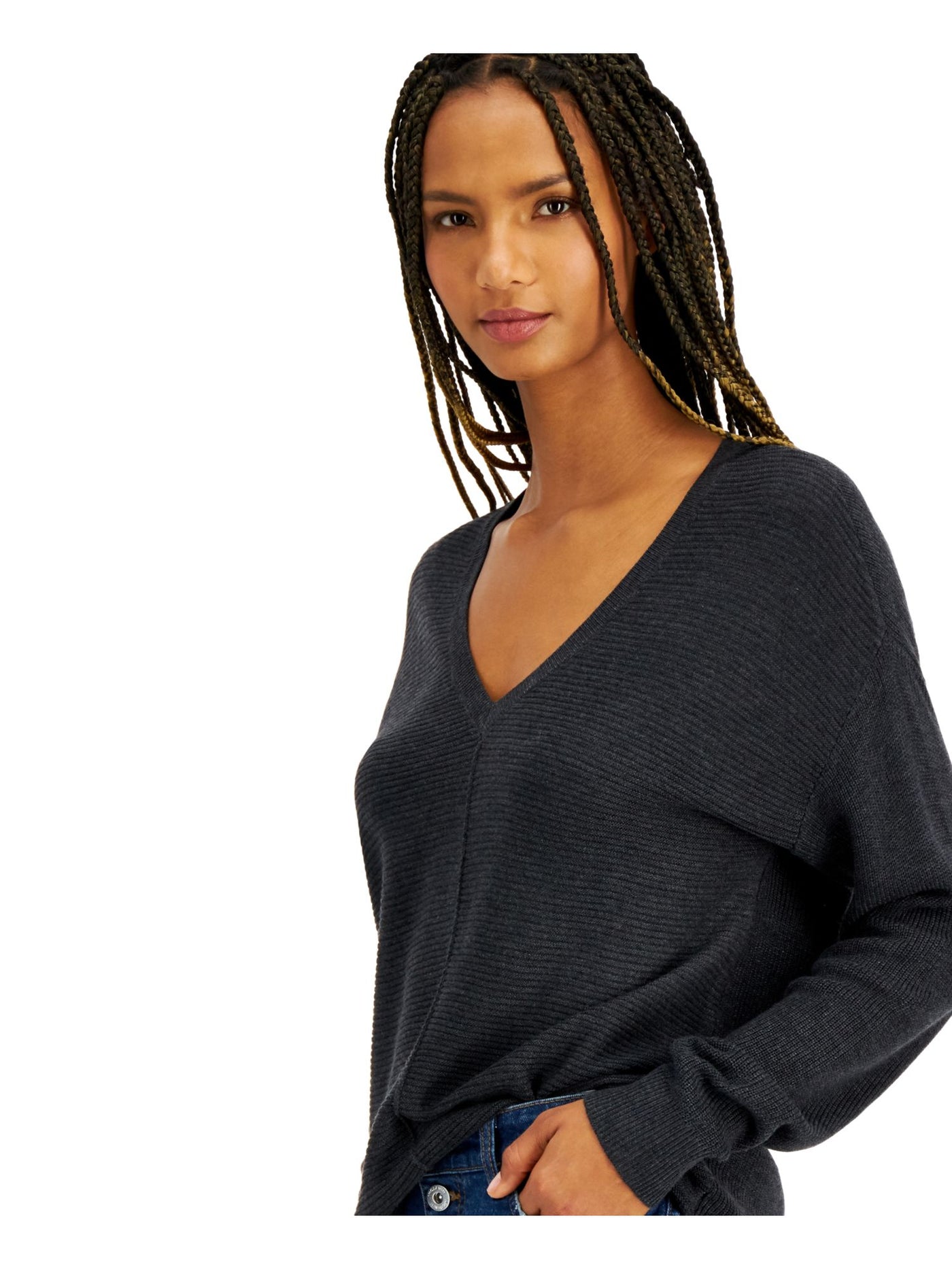 INC Womens Black Long Sleeve V Neck Sweater S