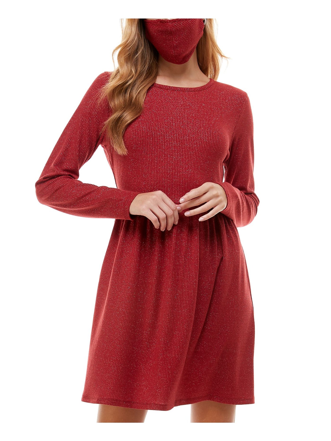 BEBOP Womens Red Long Sleeve Crew Neck Short Fit + Flare Dress M