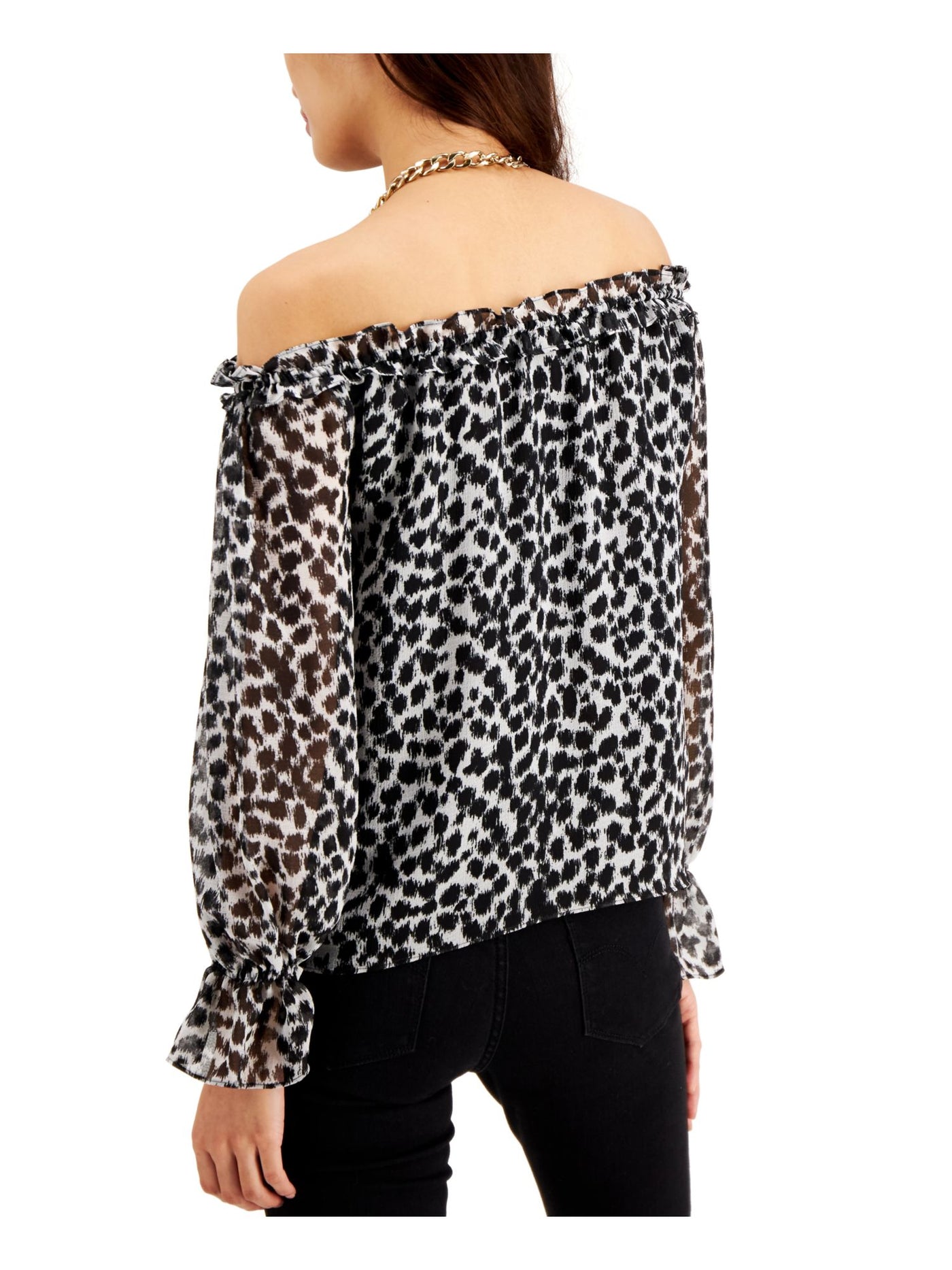 INC Womens Black Ruffled Printed Off Shoulder Top XS