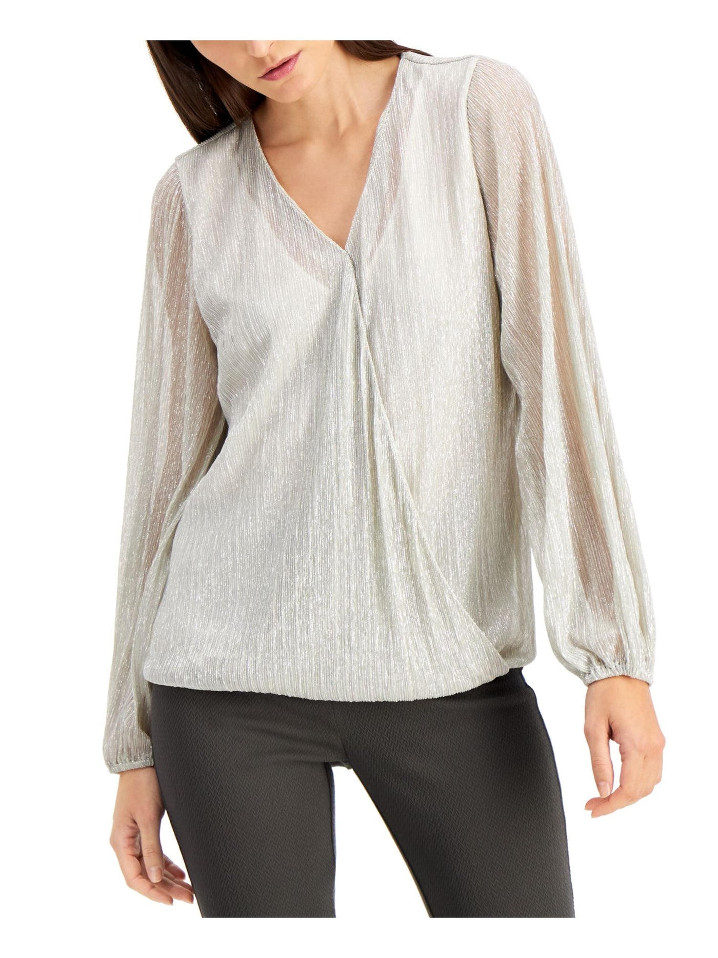 ALFANI Womens Silver Long Sleeve V Neck Top S