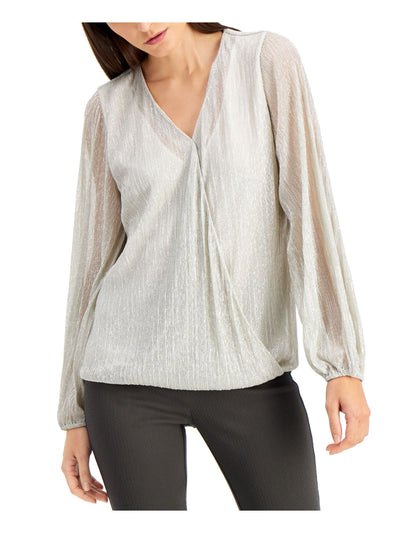 ALFANI Womens Long Sleeve V Neck Metallic Blouse Top