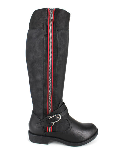 ZIGI SOHO Womens Black Faux Firm Trim Accent Stripes Buckle Accent Zipper Accent Stephany Round Toe Block Heel Zip-Up Riding Boot 8 M