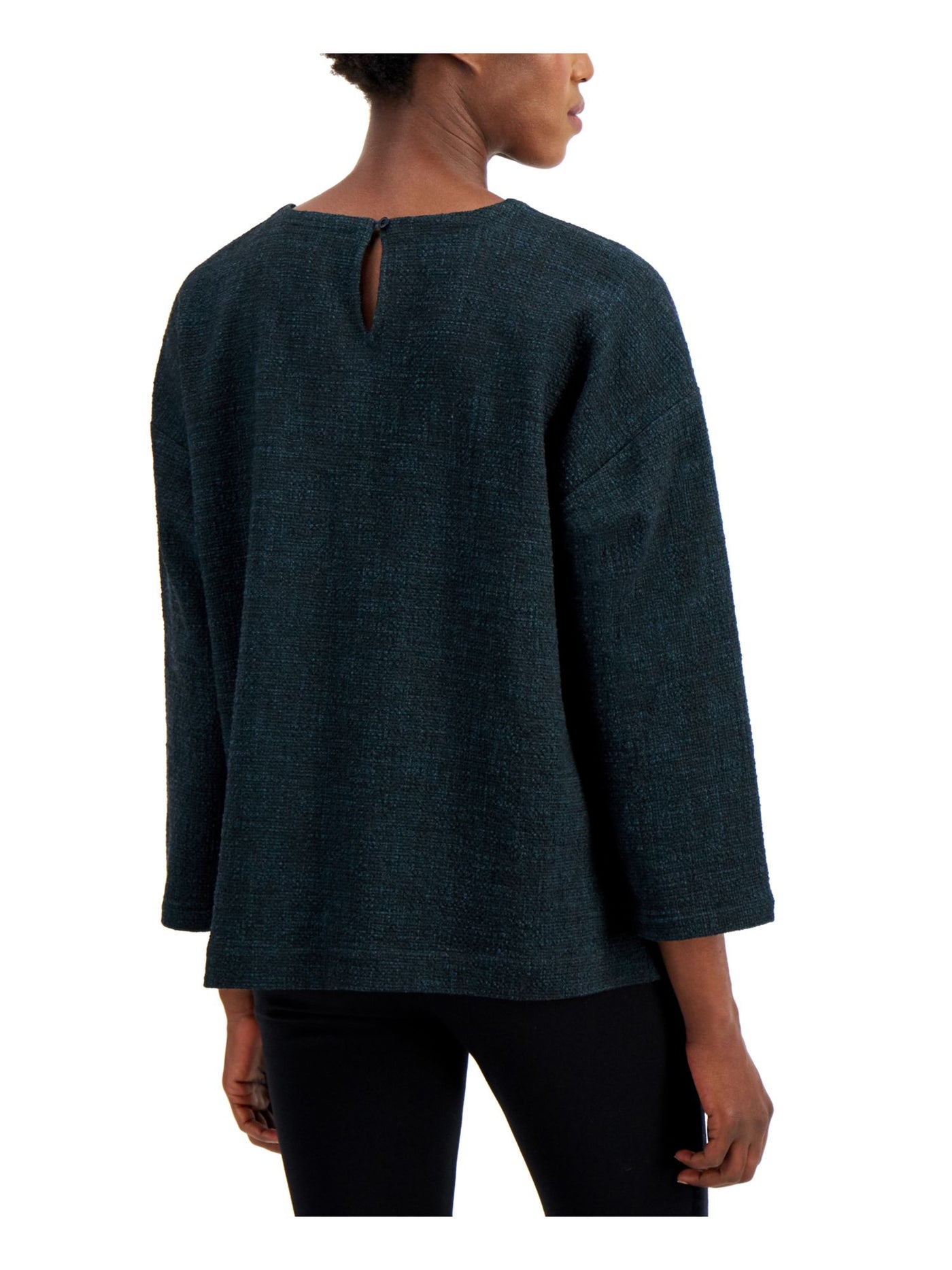 EILEEN FISHER Womens Green Textured Boxy 3/4 Sleeve Scoop Neck Top XXS