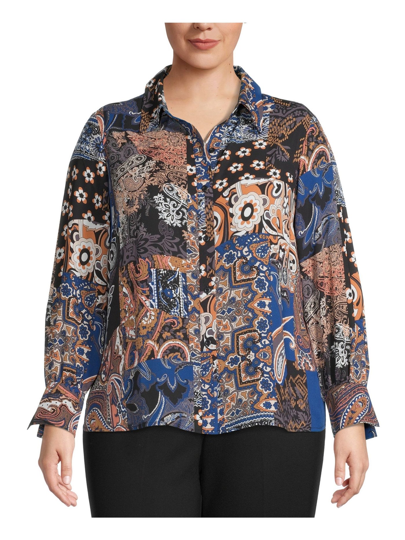 BAR III Womens Black Printed Long Sleeve Wear To Work Blouse 1X