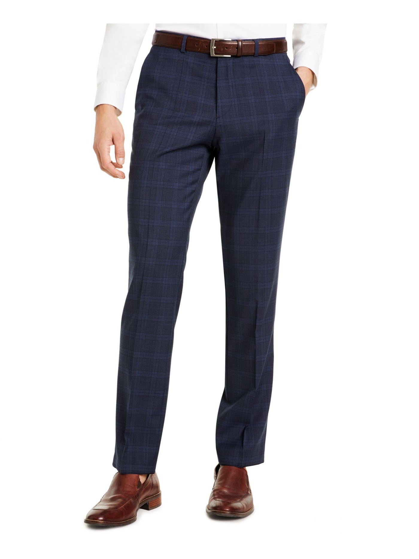 BOSS Mens Genius Hugo Black Label Navy Flat Front, Tapered, Plaid Slim Fit Stretch Suit Separate Pants 32R