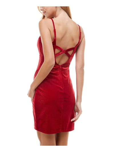 CITY STUDIO Womens Red Glitter Velvet Spaghetti Strap V Neck Short Party Body Con Dress 9