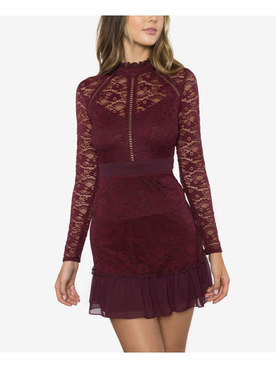 B DARLIN Womens Burgundy Lace Mock Neck Long Sleeve Mock Neck Mini Party Fit + Flare Dress 13\14