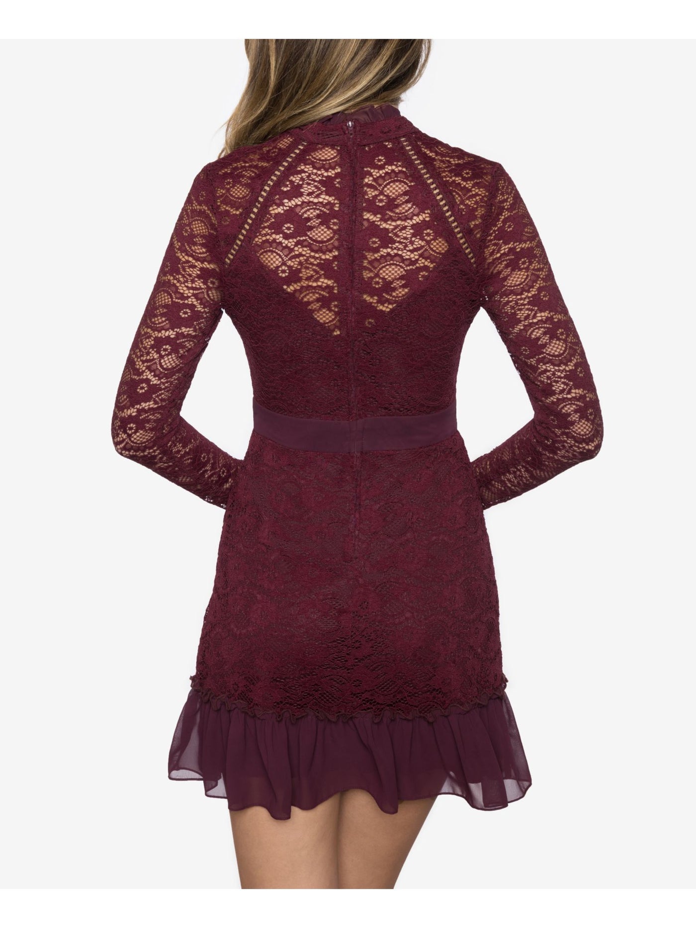 B DARLIN Womens Burgundy Lace Mock Neck Long Sleeve Mock Neck Mini Party Fit + Flare Dress 13\14