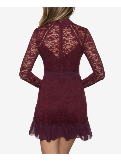 B DARLIN Womens Maroon Lace Mock Neck Long Sleeve Mock Neck Mini Party Fit + Flare Dress 11\12