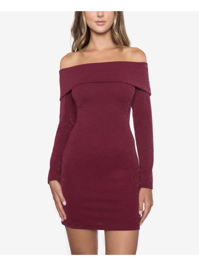 B DARLIN Womens Burgundy Glitter Long Sleeve Off Shoulder Mini Party Body Con Dress 3\4