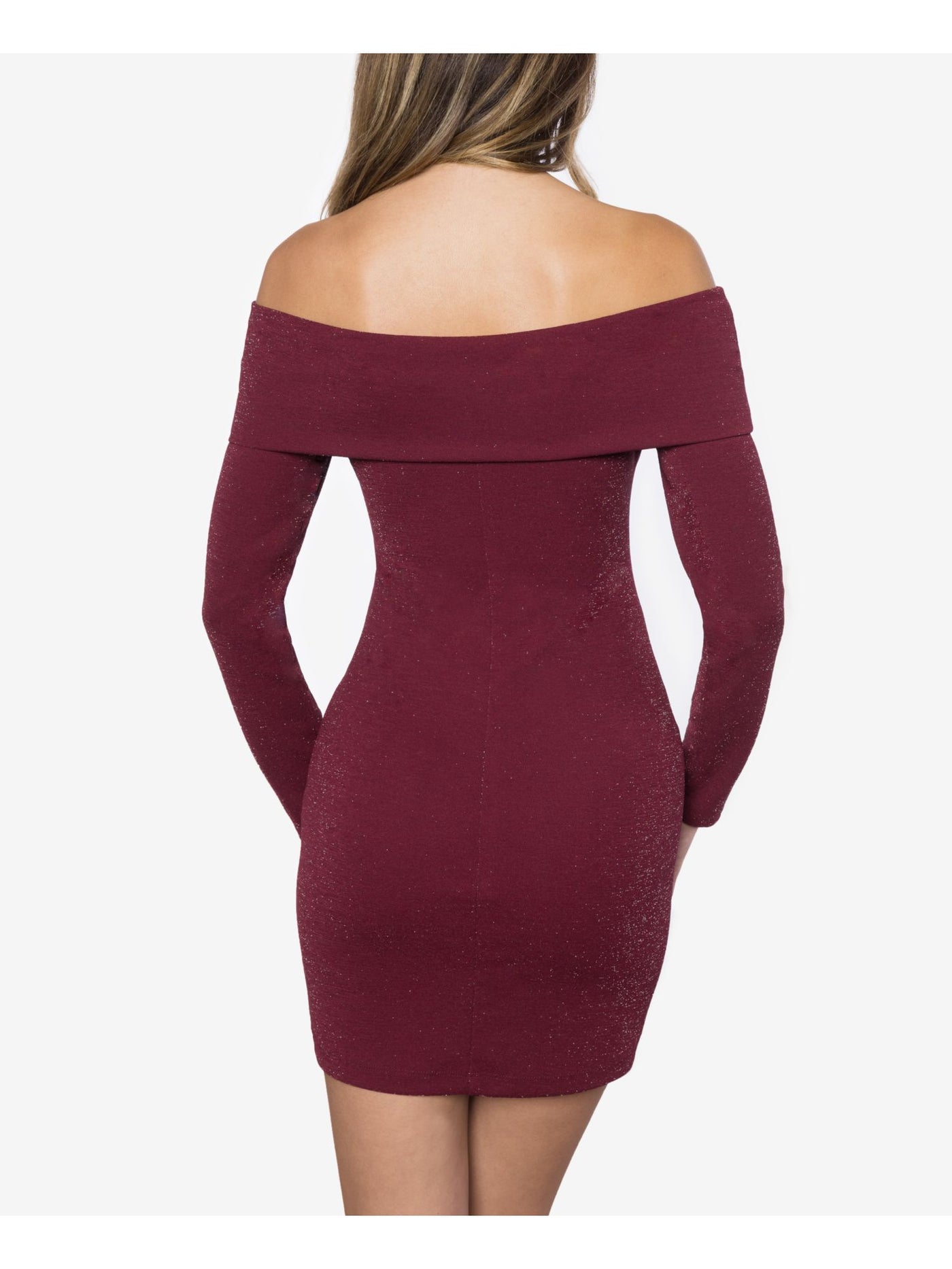 B DARLIN Womens Burgundy Glitter Long Sleeve Off Shoulder Mini Party Body Con Dress 3\4