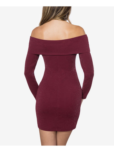 B DARLIN Womens Burgundy Glitter Long Sleeve Off Shoulder Mini Party Body Con Dress 3\4