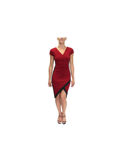DONT YOU DARE Womens Burgundy Color Block Cap Sleeve Surplice Neckline Short Cocktail Body Con Dress XS