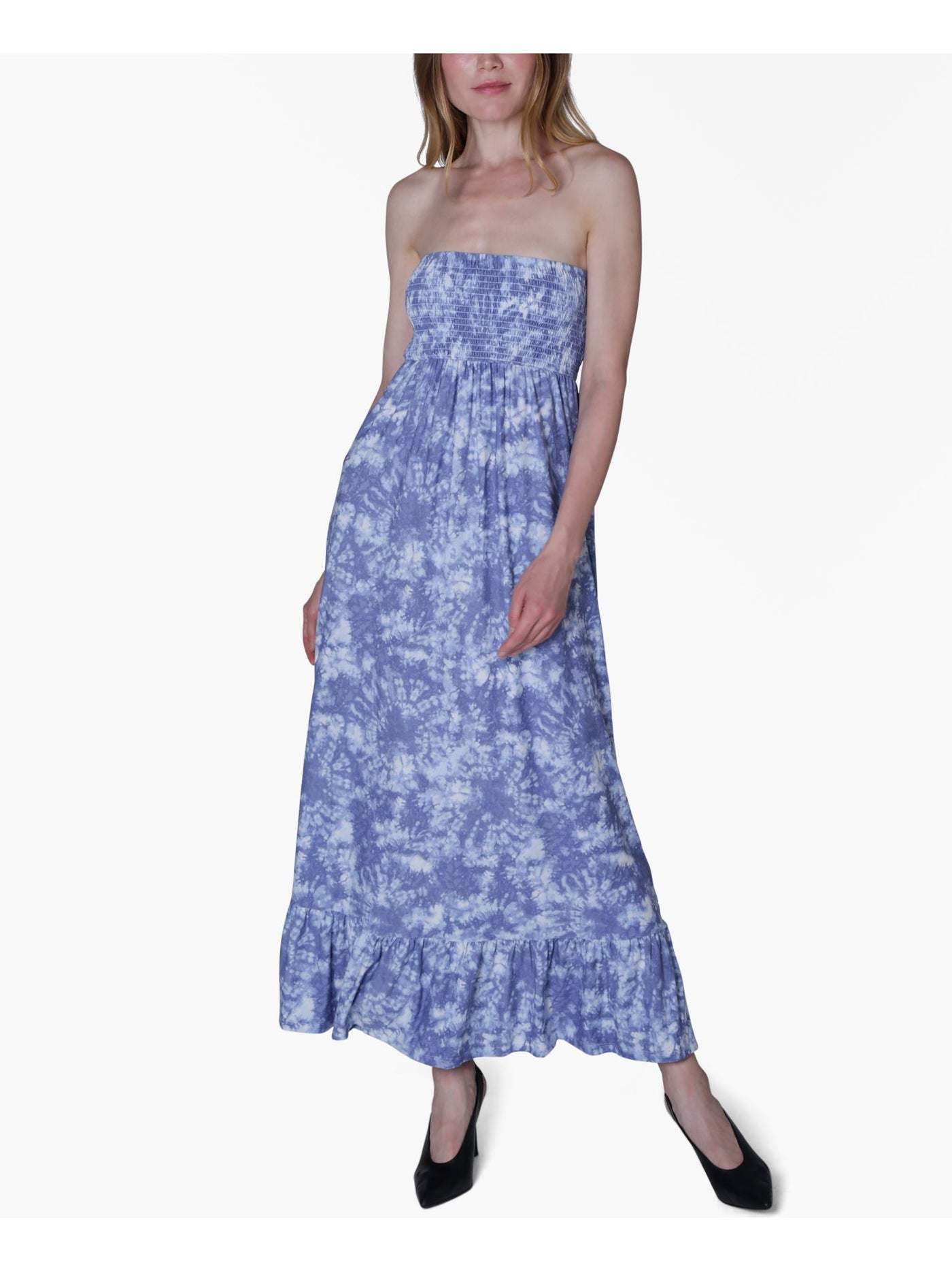 ULTRA FLIRT Womens Blue Ruffled Smocked Acid Wash Strapless Maxi Dress XXS