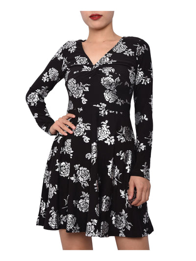PLANET GOLD Womens Black Floral Long Sleeve V Neck Short Fit + Flare Dress Juniors S