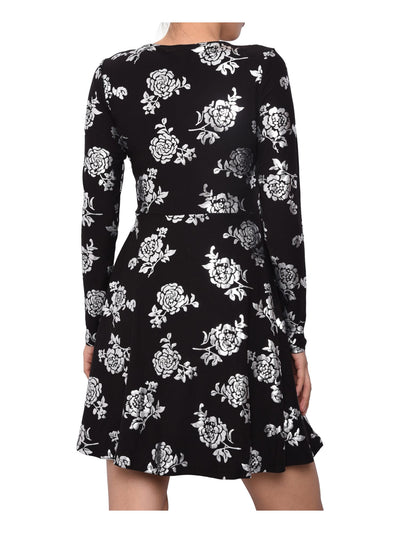 PLANET GOLD Womens Black Floral Long Sleeve V Neck Short Fit + Flare Dress Juniors S