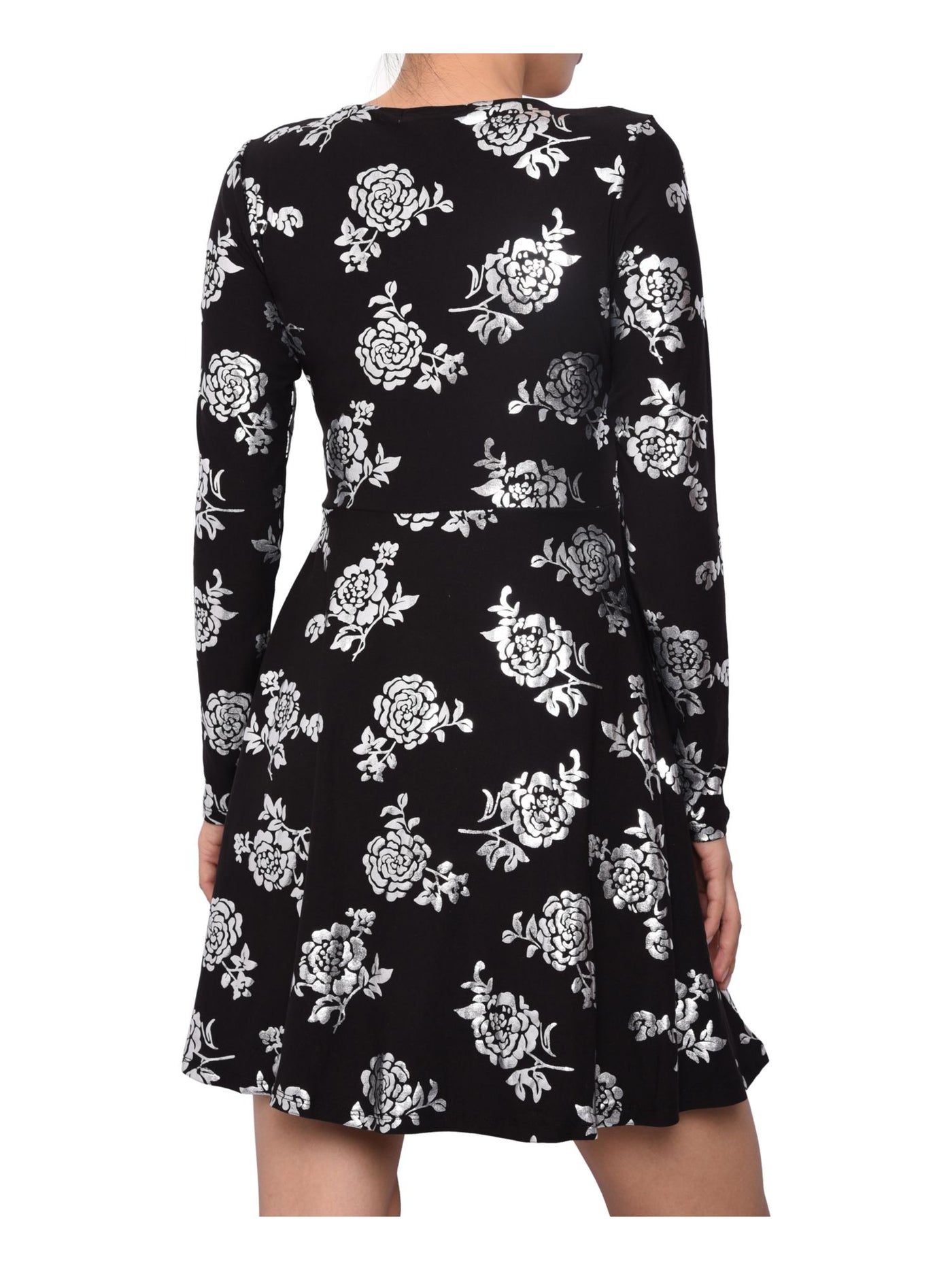 PLANET GOLD Womens Black Floral Long Sleeve V Neck Short Fit + Flare Dress XXS