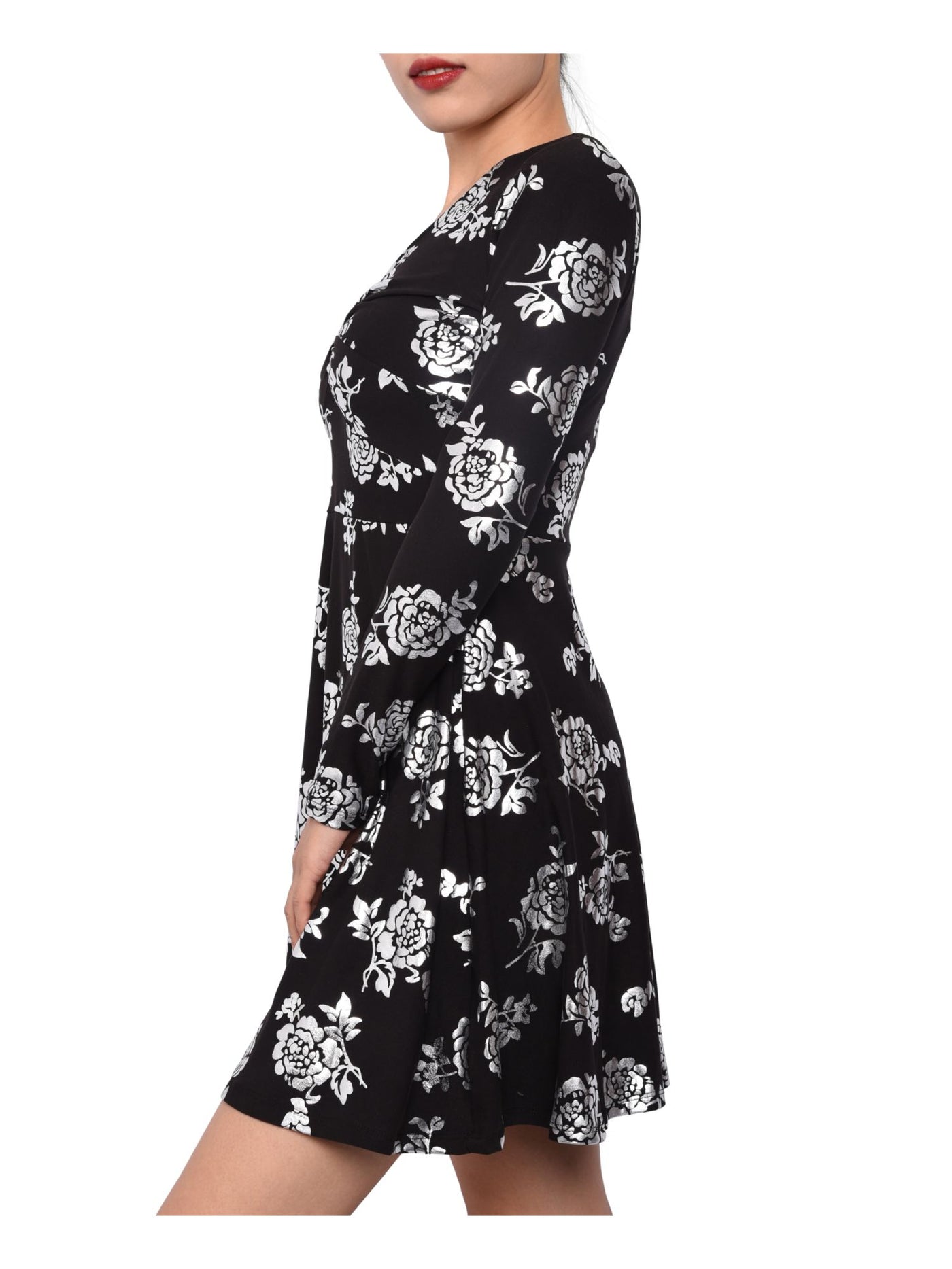 PLANET GOLD Womens Black Floral Long Sleeve V Neck Short Fit + Flare Dress Juniors S