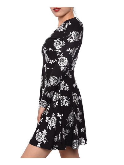PLANET GOLD Womens Black Floral Long Sleeve V Neck Short Fit + Flare Dress Juniors S