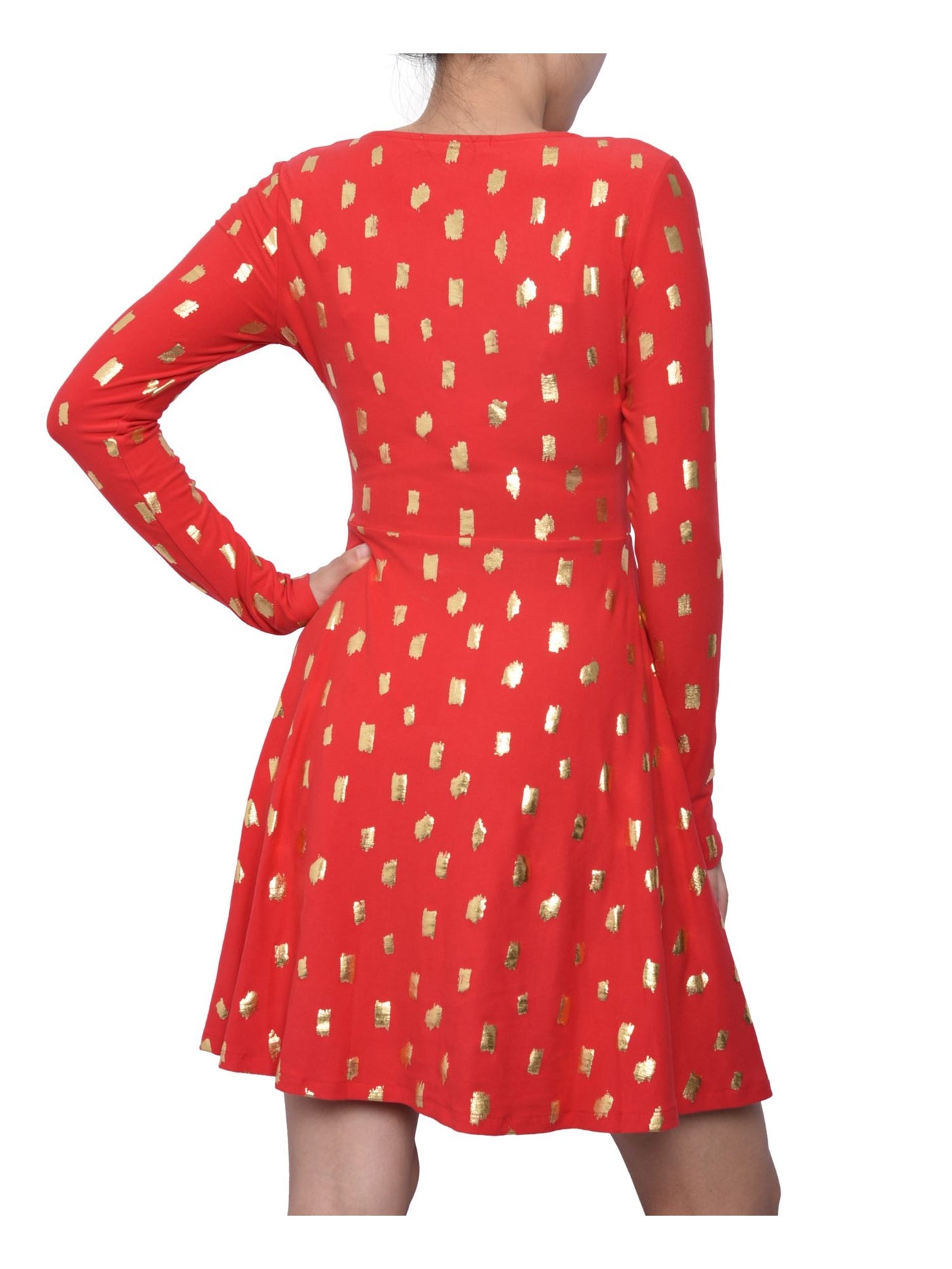 PLANET GOLD Womens Red Floral Long Sleeve V Neck Short Fit + Flare Dress S
