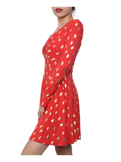 PLANET GOLD Womens Red Floral Long Sleeve V Neck Short Fit + Flare Dress S