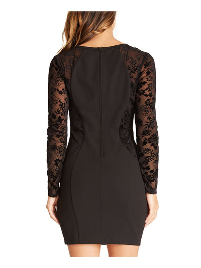 BCX DRESS Womens Black Sheer Embroidered Zippered Long Sleeve Jewel Neck Short Cocktail Body Con Dress 7