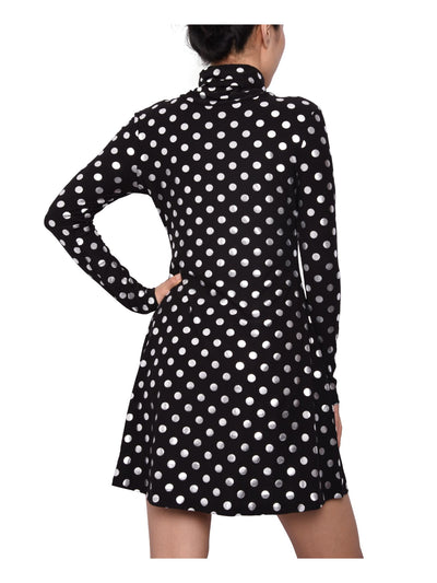 PLANET GOLD Womens Black Polka Dot Long Sleeve Turtle Neck Short Sheath Dress S
