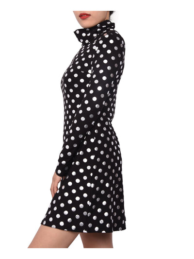 PLANET GOLD Womens Black Polka Dot Long Sleeve Turtle Neck Short Sheath Dress S