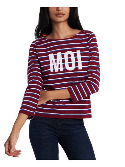 RILEY&RAE Womens Red Cotton Embroidered Striped 3/4 Sleeve Crew Neck Top XS