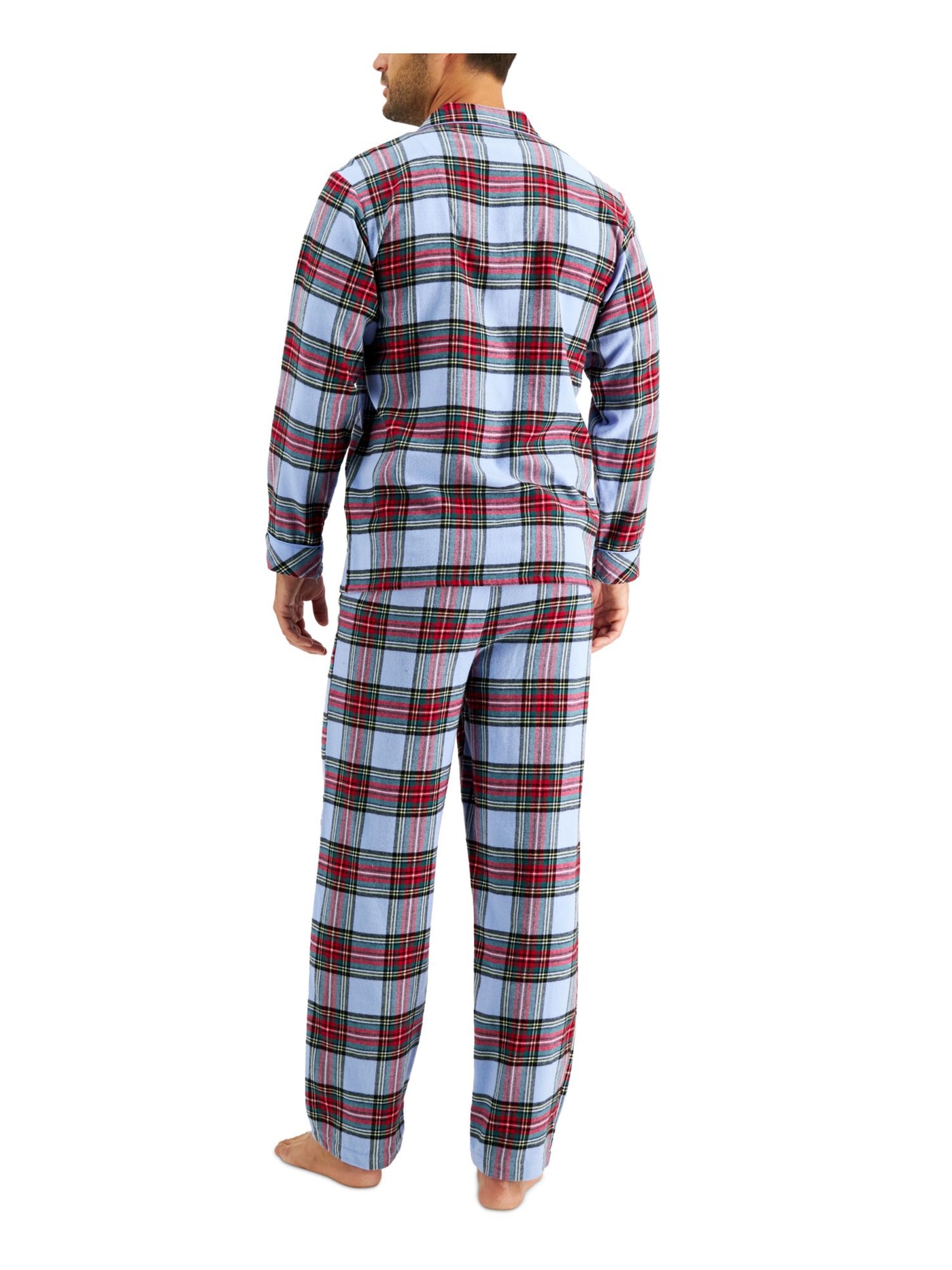 FAMILY PJs Mens Light Blue Plaid Long Sleeve Button Up Top Straight leg Pants Knit Pajamas S