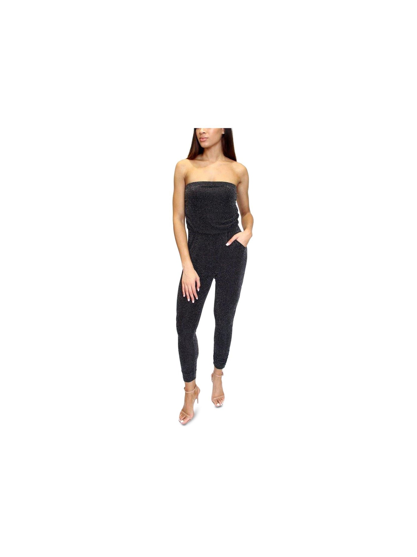 DONT YOU DARE Womens Black Glitter Sleeveless Strapless Evening Skinny Jumpsuit M