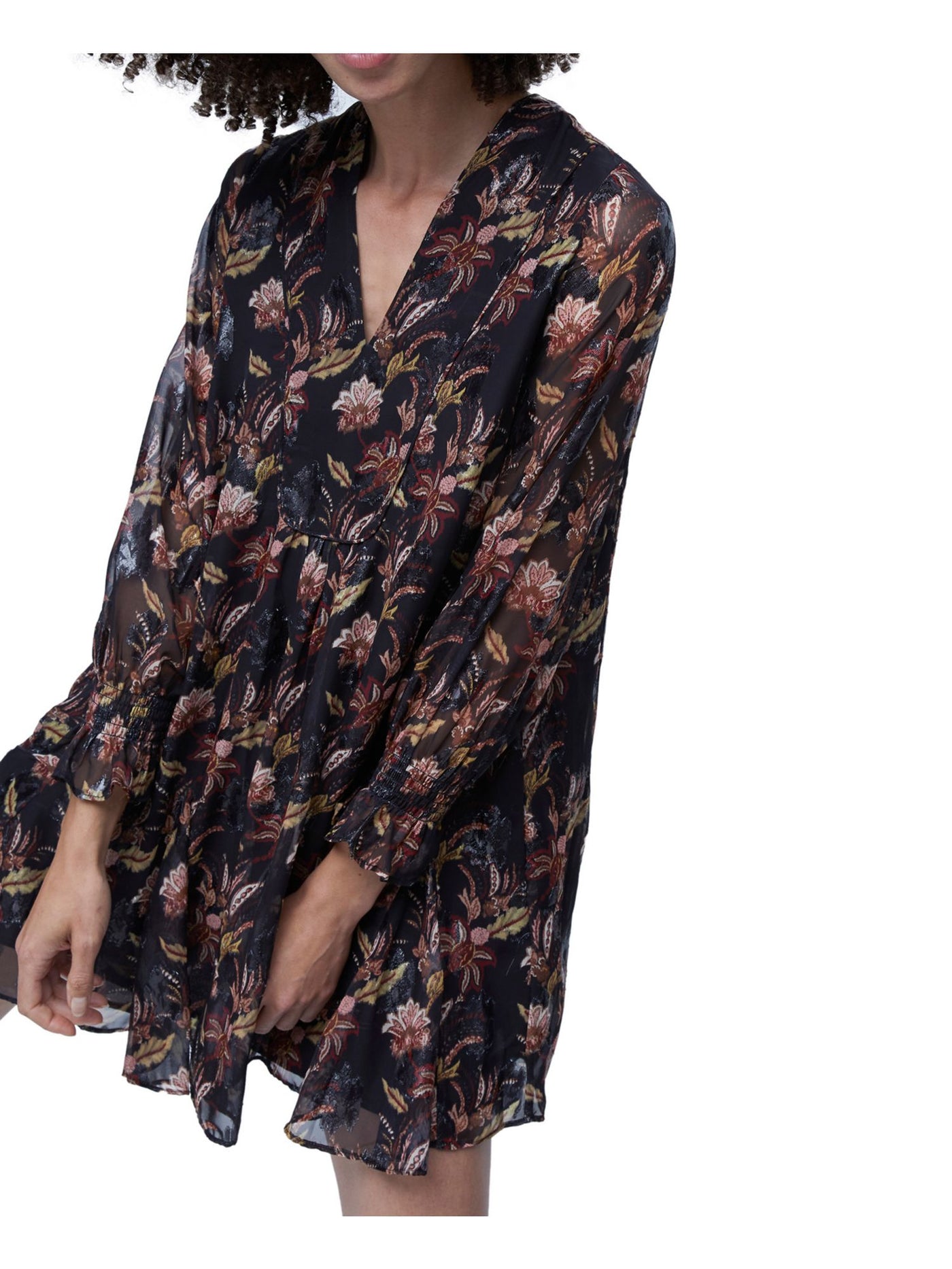 FRENCH CONNECTION Womens Sheer Smocked Long Sleeve V Neck Short Shift Dress