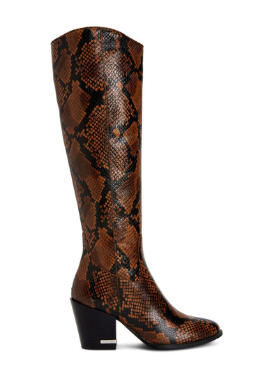 CALVIN KLEIN Womens Brown Animal Print Almond Toe Stacked Heel Zip-Up Leather Heeled Boots 6.5