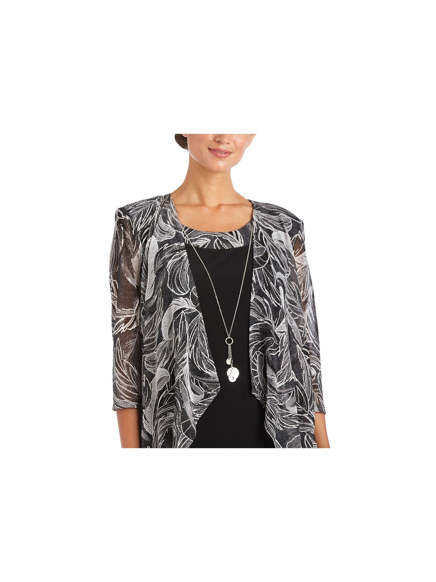 R&M RICHARDS Womens Black Sheer Textured Shoulder Pads Open Front Duster Printed 3/4 Sleeve Evening Jacket Petites 14P