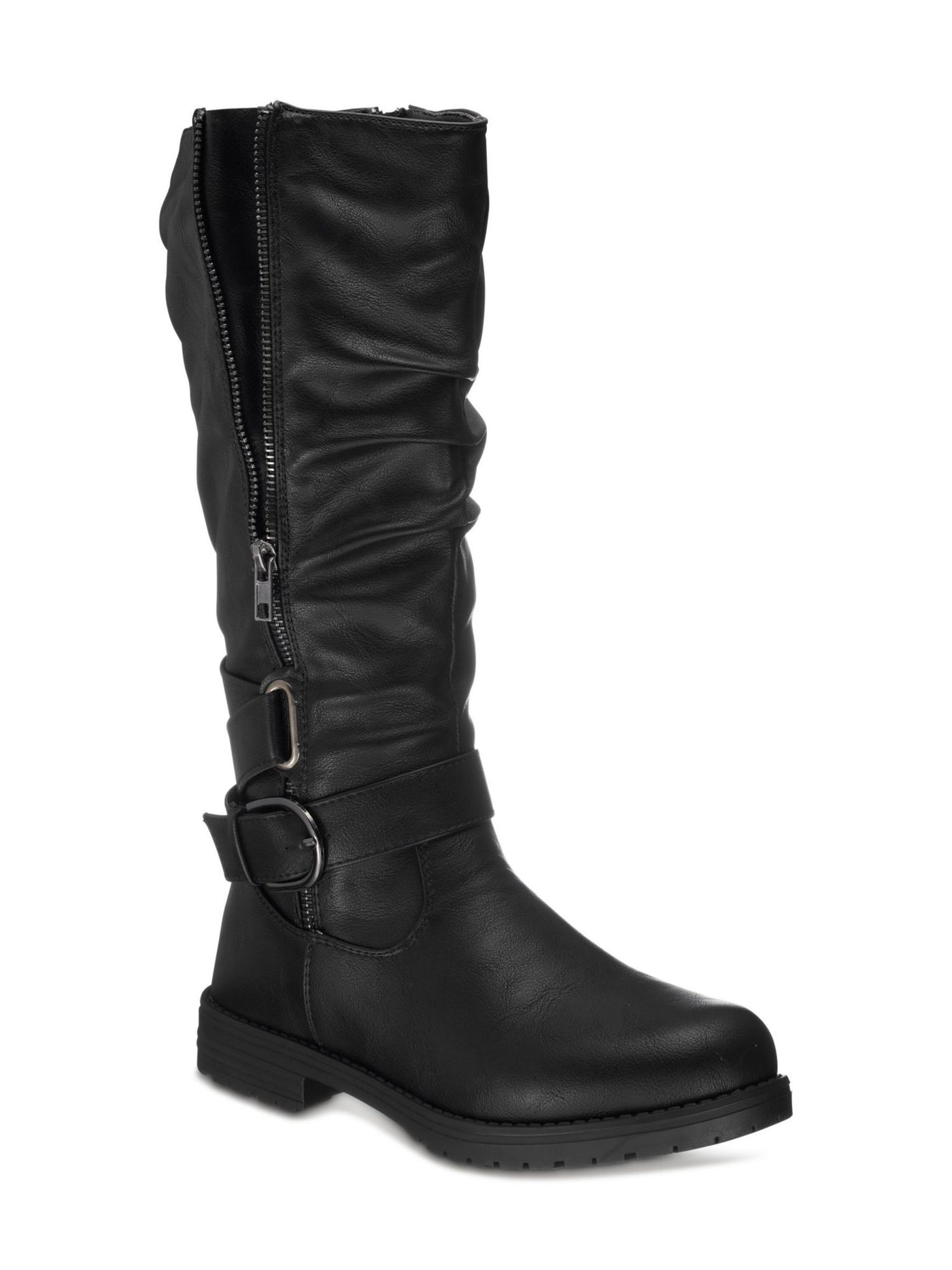 G.C. SHOES Womens Black Buckle Accent Cushioned Slip Resistant Stacked Heel Zip-Up Riding Boot 7.5