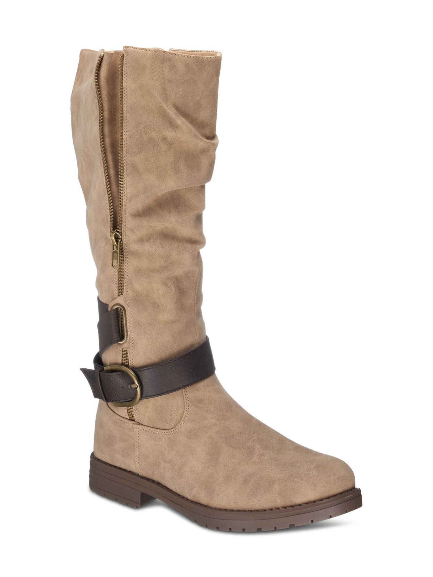 G.C. SHOES Womens Taupe Beige Cushioned Buckle Accent Slip Resistant Dagny Round Toe Zip-Up Riding Boot 6