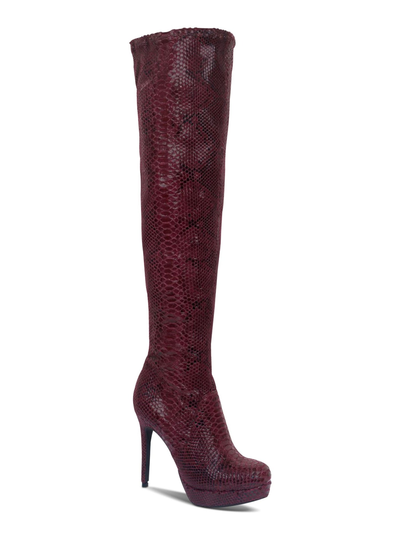 THALIA SODI Womens Burgundy Animal Print 1" Platform Round Toe Stiletto Zip-Up Dress Boots 5