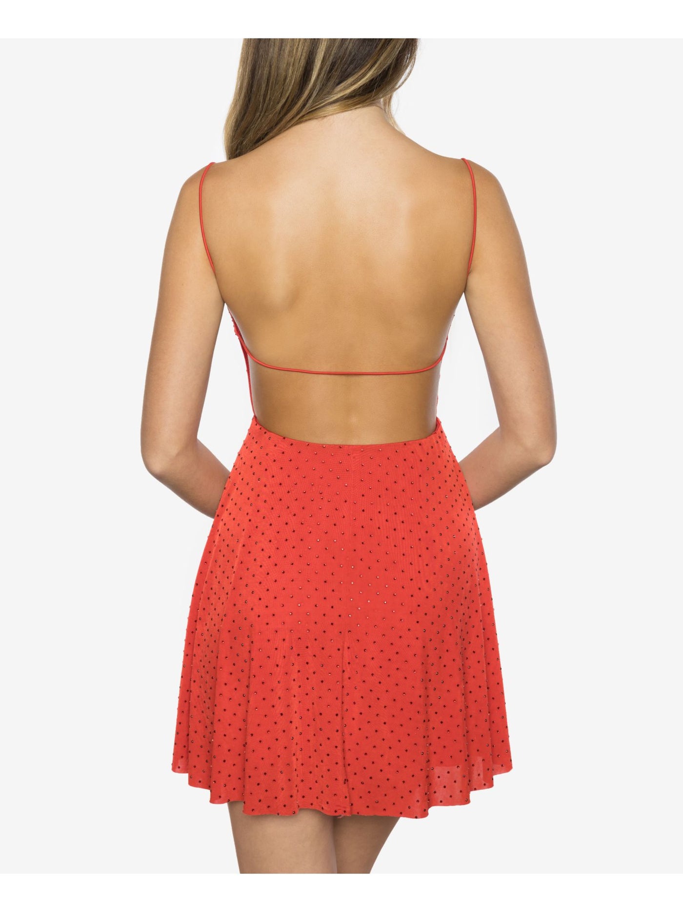 B DARLIN Womens Red Embellished Low Back Spaghetti Strap Square Neck Short Party A-Line Dress 9\10